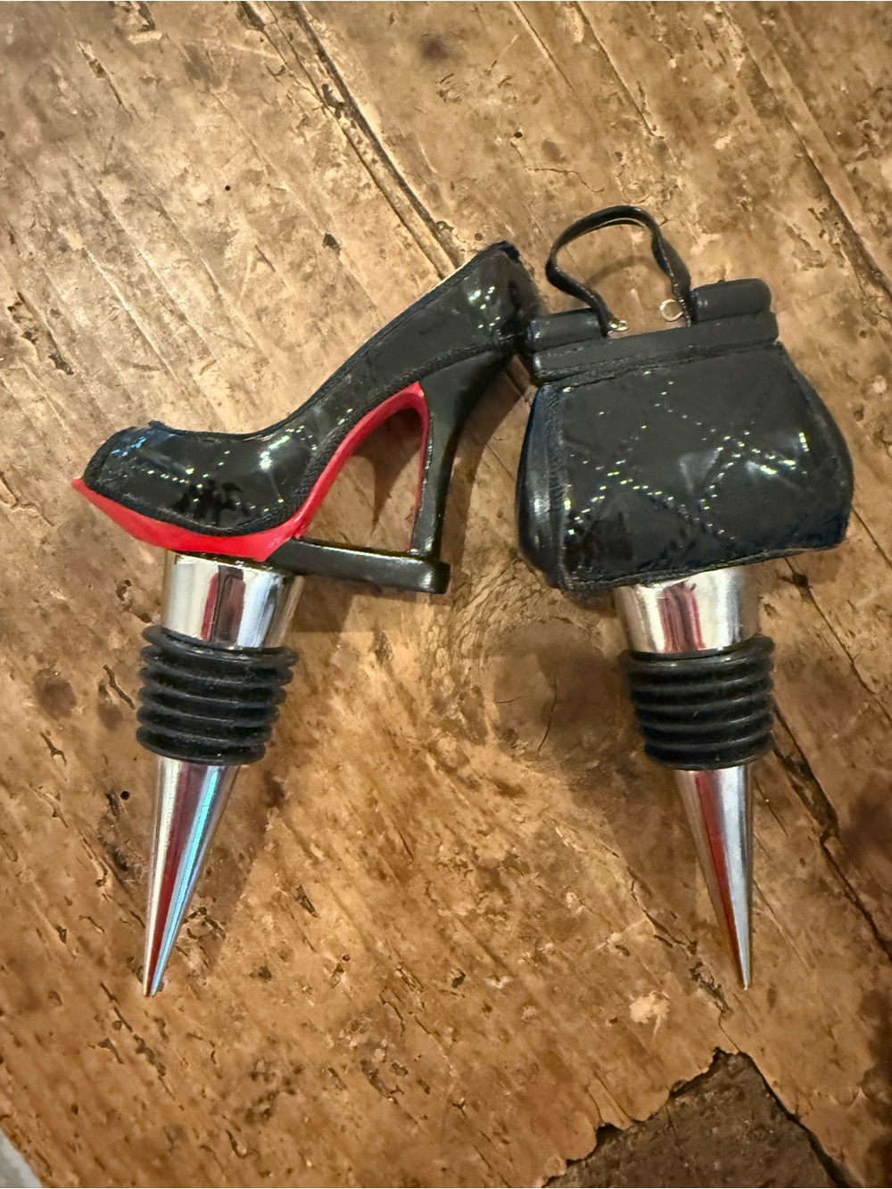 Black Patent High Heel & Handbag Wine Bottle Stopper Set